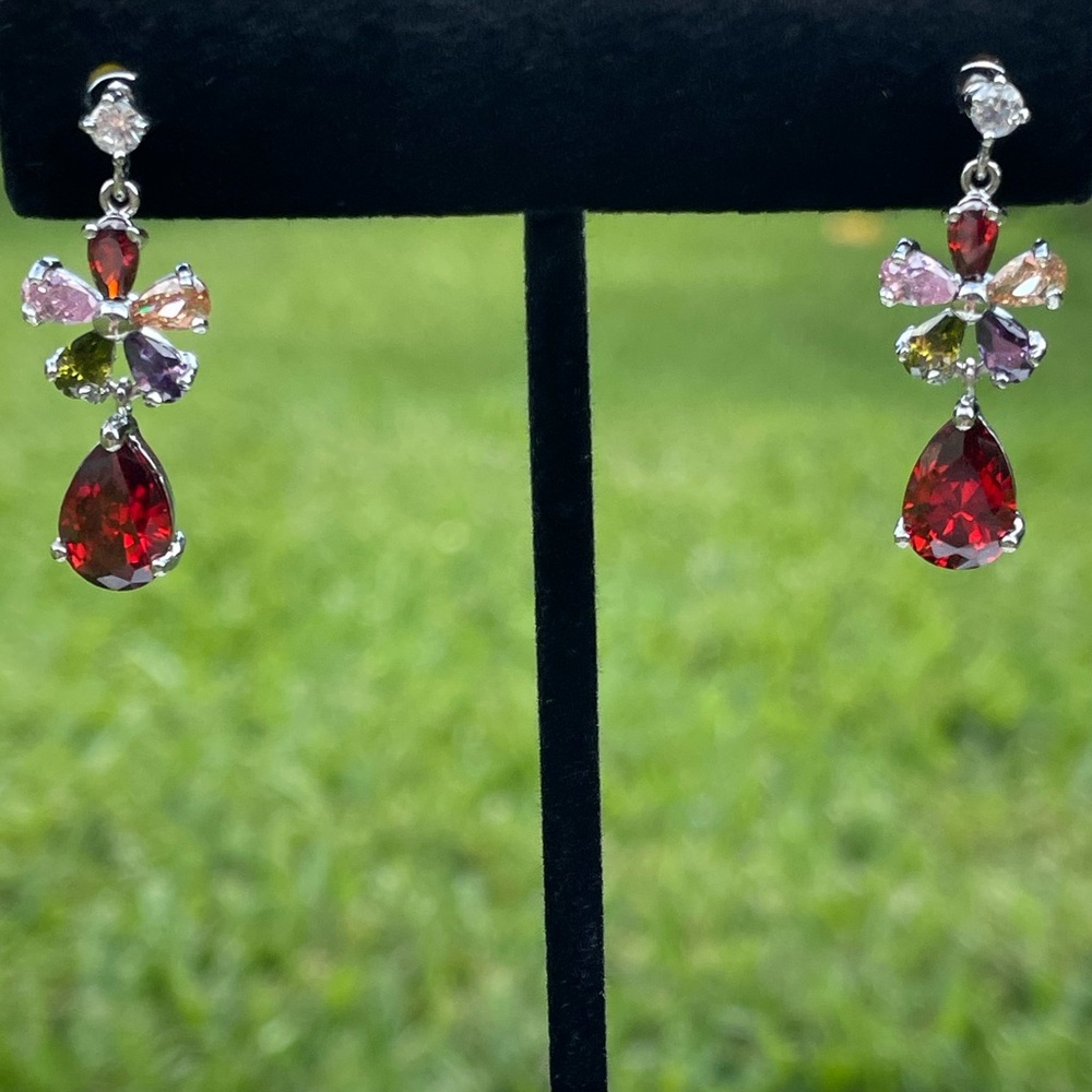 Multicolor Cubic Zirconia Flower Silver Tone Drop Earrings